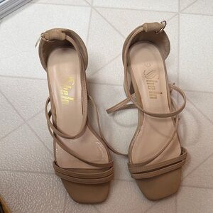 SHEIN Nude/Tan Strappy Square-Toe Block Heel Sandals